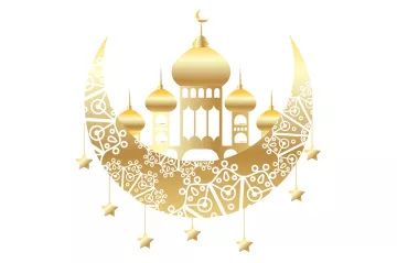 golden illustration of a crescent moon with Islamic temples inside