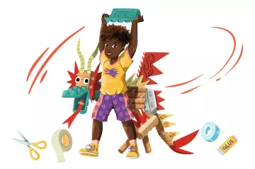 Illustration of Kai, a character from the Summer Reading Challenge, holding a model dragon made from recycled materials such as egg boxes and tubes