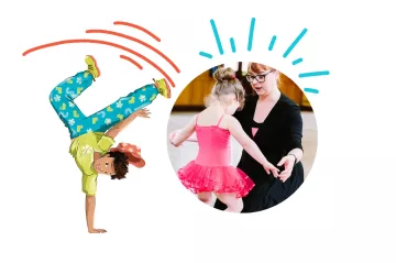 A photograph of a young girl being taught ballet by a female adult next to a cartoon of Kai, a child who loves to dance, from the 2024 Summer Reading Challeng