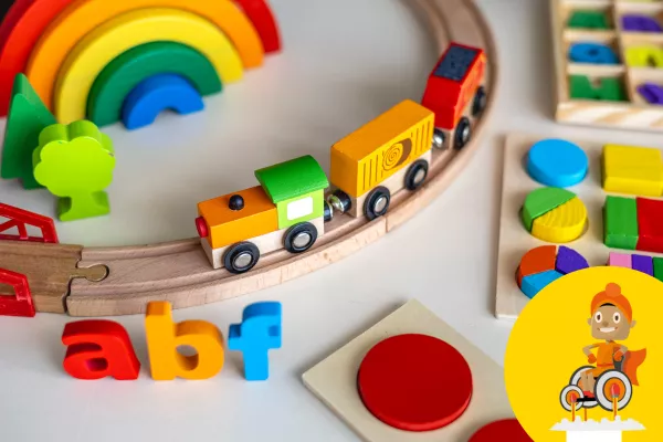 Selection of colourful wooden toys, including a toy train. 