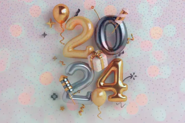 New Year's Balloons spelling 2024