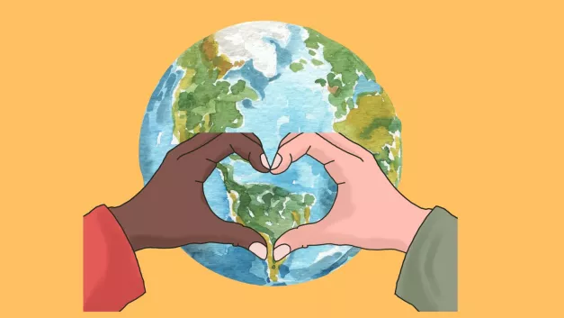 an illustration of the world being held by two hands which join together making a heart shape with their fingers