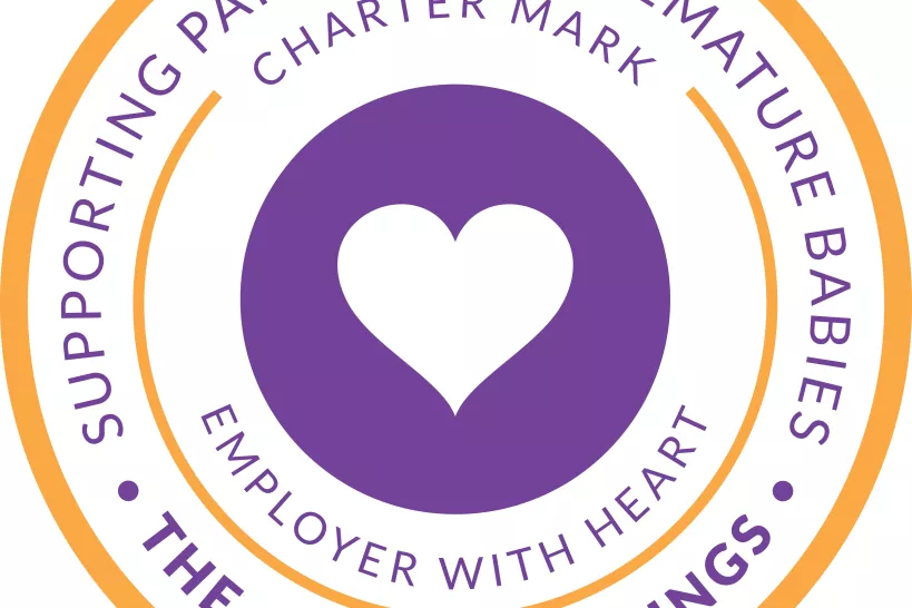 Badge saying supporting parents of premature babies with a heart in the middle