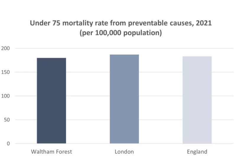 Chart for Under 75 mortality rate from preventable causes, 2021