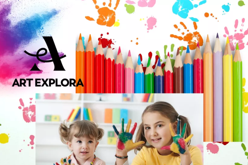 Photo Collage of young children surrounded by art materials with the Art Explorer logo