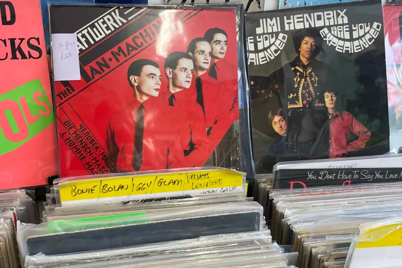 Photo of some records at the shop, including Kraftwerk and Jimi Hendrix