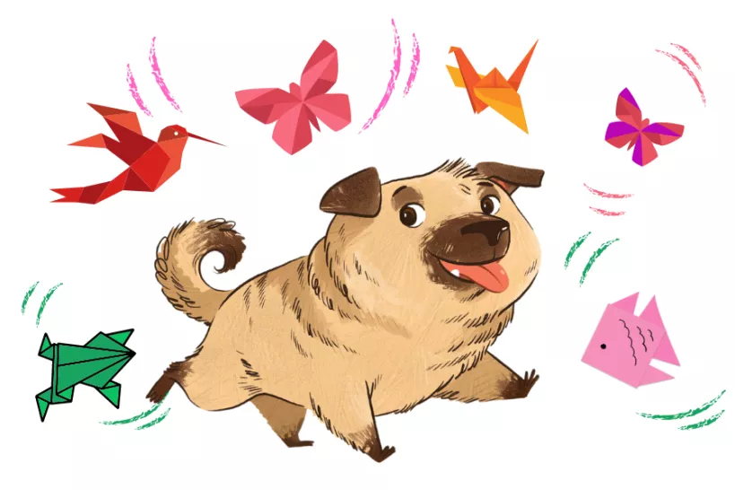 Illustration of Bob the pug dog from the Summer Reading Challege surrounded with Origami paper animals such as butterflies and birds