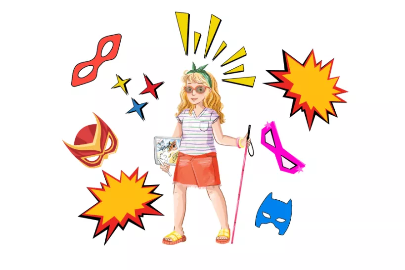 Illustration of Amelia, a sight impaired character from Marvellous Makers, surrounded by superhero masks