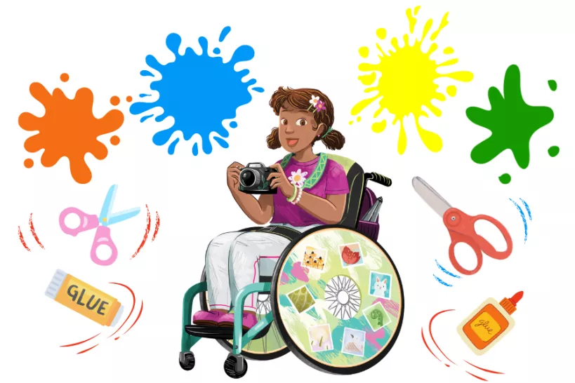 Illustration of Maya, a character from the summer Reading Challenge who loves making collages and uses a wheelchair for mobility